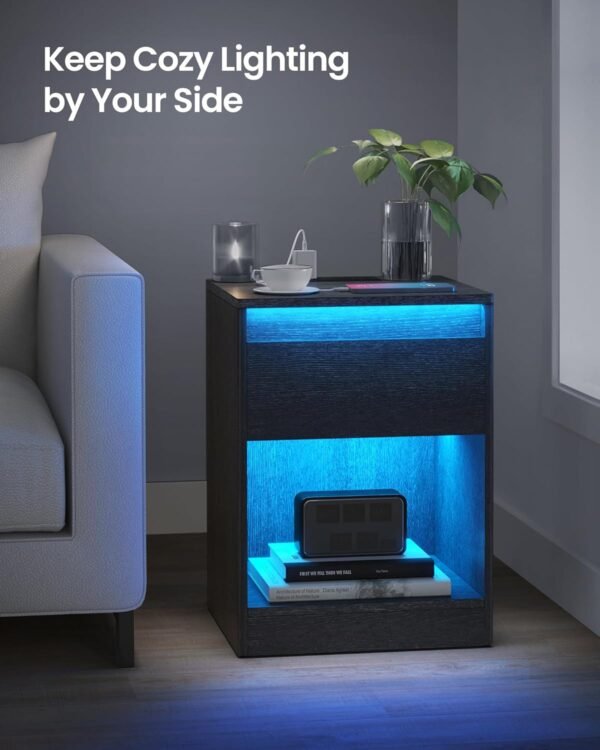 VASAGLE Nightstand with Charging Station, Side End Adjustable LED Lights, Bedside Table with Drawer 2 AC Outlets, 2 USB Ports, Modern, for Bedroom, 13.7" D x 15.7" W x 21.7" H, Black - Image 9