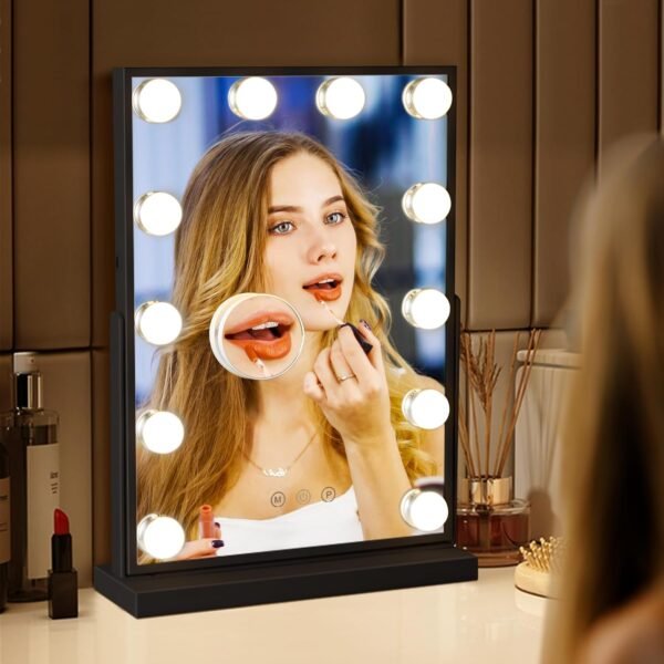 M MIVONDA Vanity Mirror with Lights, Black Lighted Makeup Mirror with 12 LED Bulbs for Desk and Wall, Dimmable 3 Lighting Modes, 360-degree Rotating with USB-C and Charger (16”x12”) - Image 5
