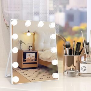 Hollywood Vanity Mirror with Lights, Tabletop Makeup Mirror with 12 LED Lights Bulbs, Beauty Mirror with 3 Color Lighting Modes, Vanity Mirror for Bedroom, Bathroom, Touch Control, White