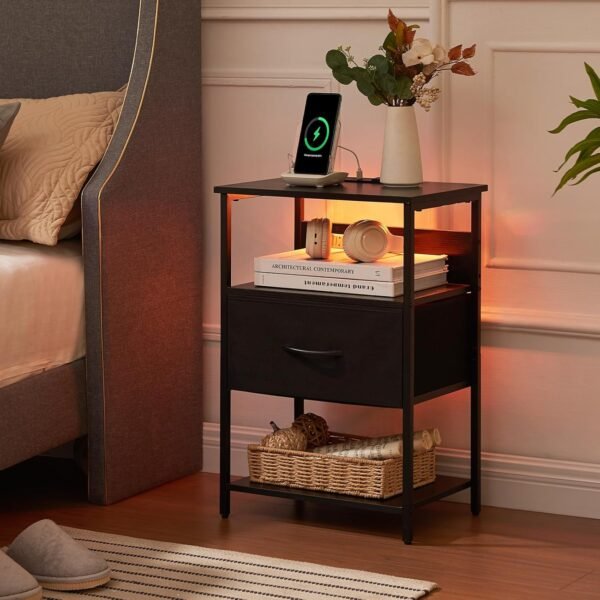 Somdot Black Nightstand with Charging Station and LED Light for Bedroom, Bedside Table End Table for Dorm Living Room Bedside Nursery Laundry Closet Entryway Hallway, Black - Image 6