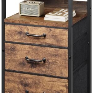 Nightstand, Bedside Table with 3 Fabric Drawers, Side Table with Open Shelf, End Table with Steel Frame,3 Drawer Dresser for Bedroom, Entryway, College Dorm, Easy Assembly,Brown