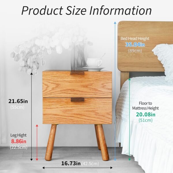 Night Stand, Mid Century Modern Nightstand w/2 Drawers, Cute Small Nightstand, Boho Nightstand, Solid Wood Bedroom Nightstand, Oak Bedside Table, 16.54 W x 15.75 D x 21.65 H Inches(Walnut) - Image 4