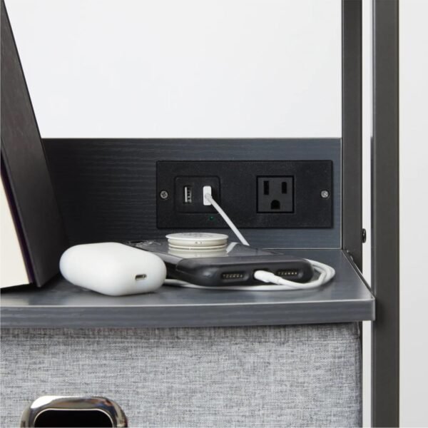 Dormify 3 Drawer Charging Cart on Wheels | 3 Drawers | Fabric Drawers for Clothes & Storage | 1 Oulet & 2 USB Ports | Bedside Storage | Nightstand Organizer | 15" W x 11" D x 39" H | Light Grey - Image 4