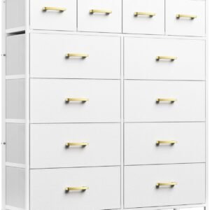 Large Tall Dresser with 12 Drawers for Closet, Bedroom, Living Room, Nursery, Dorm, Chest of Drawers with Fabric Bins, Leather Front, Wooden Top, Metal Handle (Glacier White)