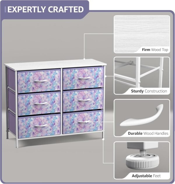 Sorbus Kids Dresser with 6 Drawers - Storage Chest Organizer Unit with Steel Frame, Wood Top & Handles, Tie-dye Fabric Bins for Clothes - Wide Furniture for Bedroom Hallway Kids Room Nursery & Closet - Image 3