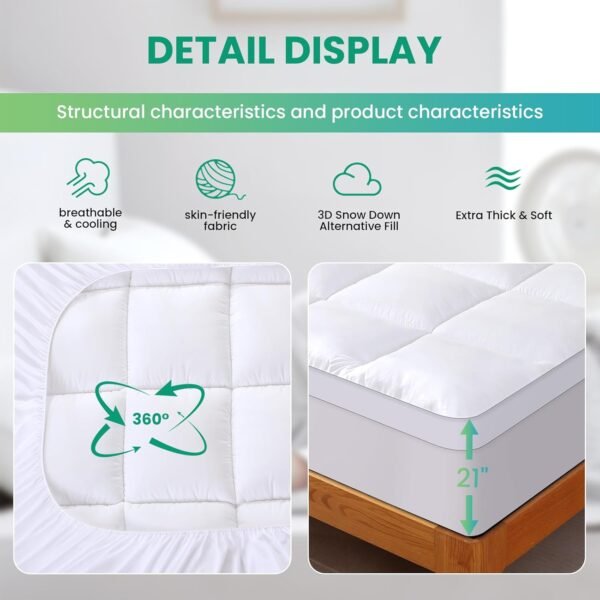 VALUXE Twin XL Mattress Topper Cooling Pillow Top Fitted Mattress Pad Cover Extra Thick Bed Topper Down Alternative Soft Mattress Protector for Back Pain Relief with 8-21 Inch Deep Pocket - Image 3