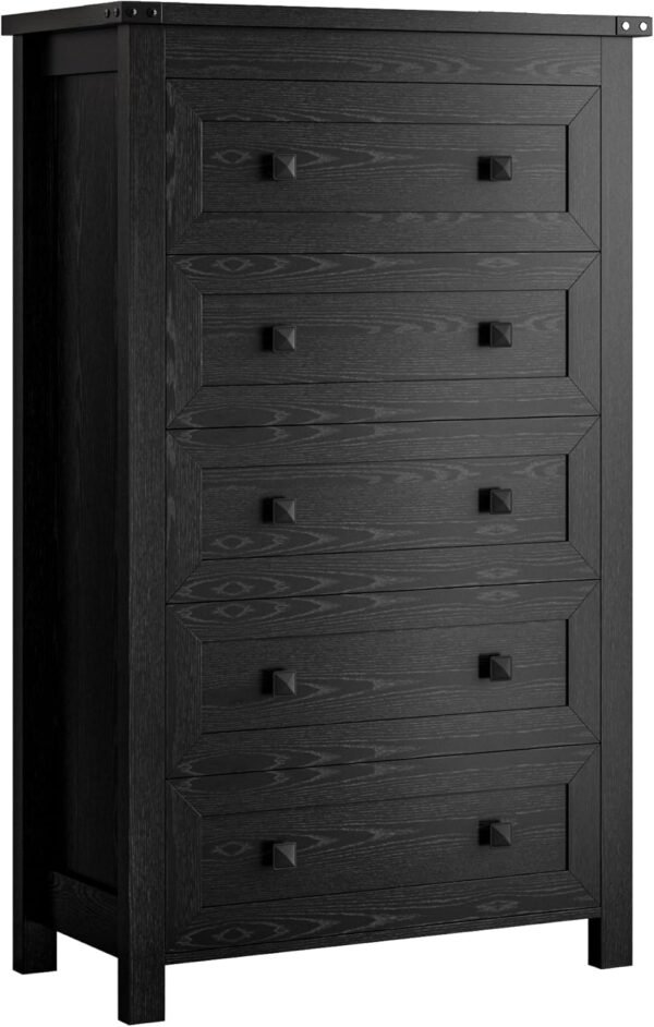 Black Dresser for Bedroom, Vertical 5 Drawer Dresser, Tall Wood Dresser Storage Organizer, Modern Narrow Slim Nightstand Bedside Table of Drawers for Hallway, Living Room, Dorm, Entryway - Image 7