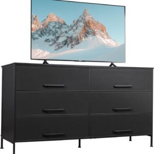 WLIVE Wide Fabric Dresser, 6 Drawer Dresser TV Stand for 68″ TV, Dressers Bedroom Furniture Large Storage Tower Unit with Fabric Bins, White Dresser for Bedroom, Closet, Hallway, Black