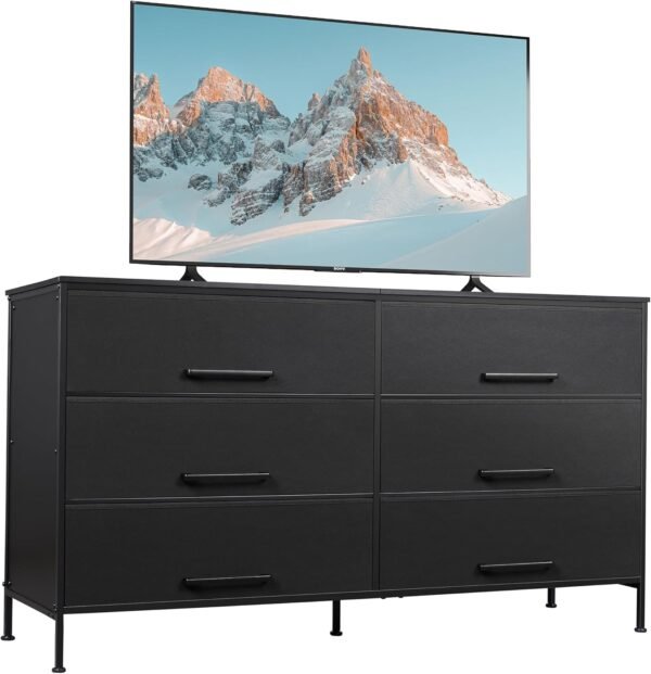 WLIVE Wide Fabric Dresser, 6 Drawer Dresser TV Stand for 68" TV, Dressers Bedroom Furniture Large Storage Tower Unit with Fabric Bins, White Dresser for Bedroom, Closet, Hallway, Black