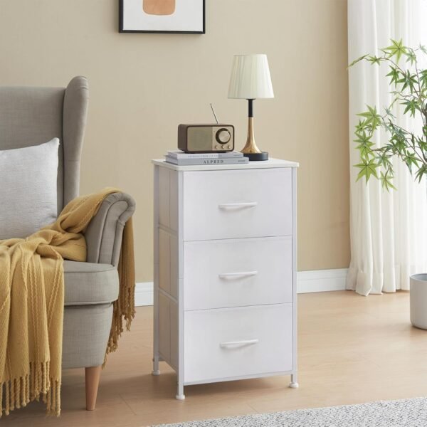 Somdot White Nightstand, 3 Drawer Dresser for Bedroom, Bedside Table Night Stand End Table with Fabric Bins for Bedroom Nursery Closet Dorm Living Room, White Leather - Image 4