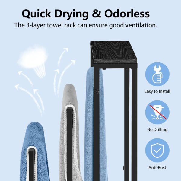 Freestanding Towel Rack 3 Tier Towel Drying Rack for Bathroom Standing Hand Towel Holder Black Towel Rack Stand with Storage Shelf for College Dorm Pool Side (Black) - Image 3