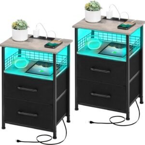 Nightstands Set of 2 with Charging Station, Night Stand with 20 Colors LED Lights and Fabric Drawer, Side Tables Bedroom, End Table with USB Ports and Outlets for Living Room, Office (Grey)
