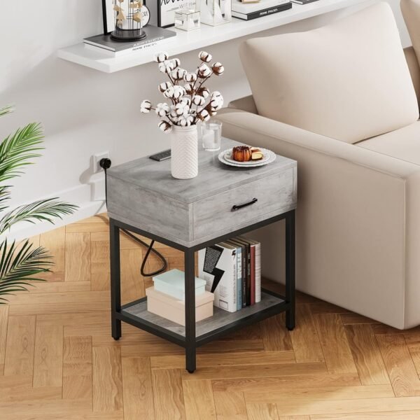 Set of 2 Grey Nightstands with Charging Station, End Tables Living Room with Drawer and Shelf, Bedside Table with USB Port & Power Outlet for Bedroom College Dorm - Image 2