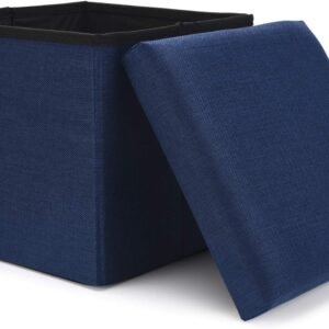 WoneNice Folding Storage Ottoman, Versatile Space-saving Storage Cube Box with Memory Foam Seat, Max Load 100 kg Linen Navy 12 x 12 x 12 Inch