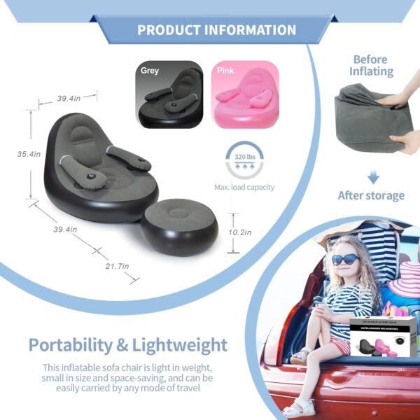 Inflatable Couch,Blow Up Chair,Portable Couch with Ottoman＆Pump,Air Couch,Blow Up Couch with Cup Holder Armrest,Inflatable Loveseat,Inflatable Chair Ideal for Party,Camping,Home and Beach - Image 2