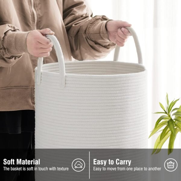 White Woven Rope Laundry Basket by TECHMILLY, 58L Baby Nursery Hamper for Clothes Blanket Storage, Large Tall Laundry Hamper for College Dorm, Bedroom, Living Room - Image 4