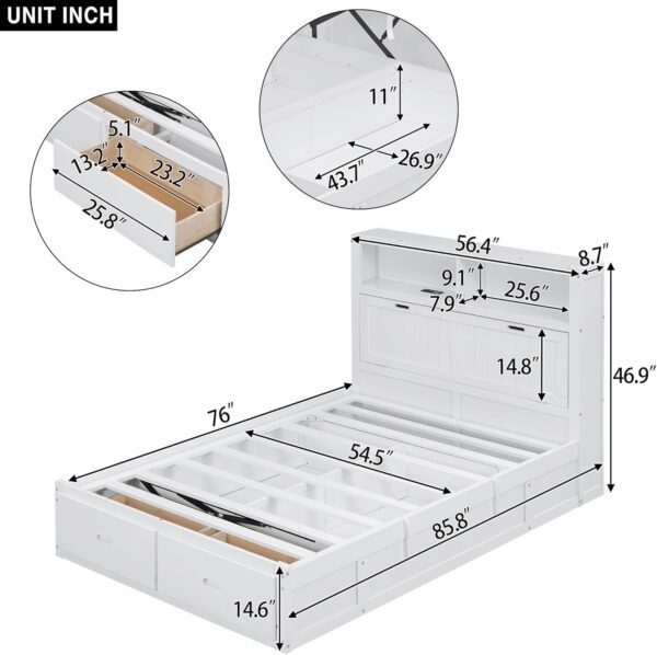 Full Size Platform Bed with Storage Shelves Headboard, Hydraulic Storage Cabinets and 2 Drawers Underneath, Wood Lift Up Bed Frame with LED Light and Charging Station, White - Image 4