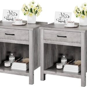 GAOMON Rustic Grey Nightstands Set of 2, Farmhouse End Table Beside Table with Storage Drawer, Modern Night Stand for Bedroom, Wood Side Table for Living Room, College Dorm