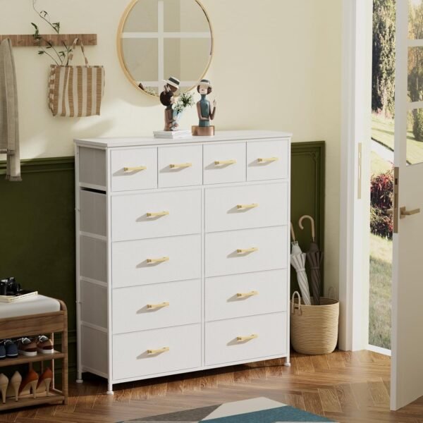 Large Tall Dresser with 12 Drawers for Closet, Bedroom, Living Room, Nursery, Dorm, Chest of Drawers with Fabric Bins, Leather Front, Wooden Top, Metal Handle (Glacier White) - Image 2
