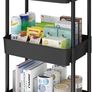 Laiensia 3-Tier Kitchen Storage Cart,Multifunction Utility Rolling Storage Organizer,Mobile Shelving Unit Cart with Lockable Wheels for Bathroom,Laundry,Living Room,With Classified Stickers,Black