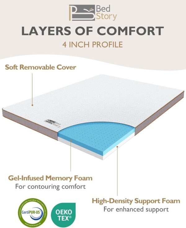 BedStory 4 Inch Mattress Topper Twin XL - Gel Memory Foam Mattress Topper - Foam Bed Toppers Twin XL with Removable Cover, CertiPUR-US - Image 7