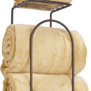 mDesign Modern Metal Wire Wall Mount Towel Rack Holder and Organizer with Storage Shelf – for Bathroom Towels, Washcloths, Hand Towels – Decorative Curved Design – Bronze