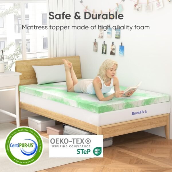 BedsPick Mattress Topper Twin XL, 3 Inch Gel Memory Foam Mattress Topper for College Dorm Room, CertiPUR-US Certified Mattress Pad for Twin XL Size Bed with Breathable Holes, Green - Image 4
