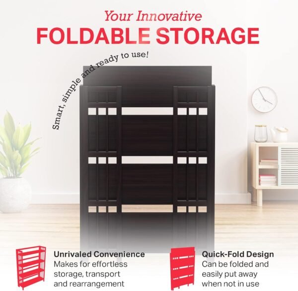 4-Tier Folding Bookshelf | Espresso Wood Finish | 45x32x11.5 Inches | Book Shelf for Books and Trinkets | No Assembly Required | Foldable & Small Bookshelf for Home and Office - Image 3