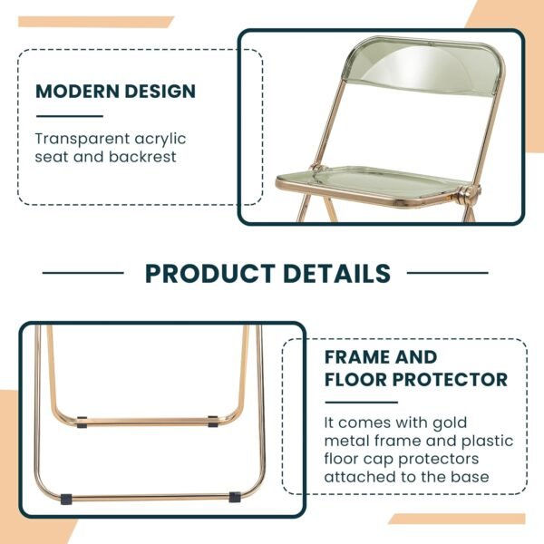 LeisureMod Lawrence Modern Transparent Acrylic Folding Chair with Gold Metal Frame Set of 2 (Amber) - Image 3