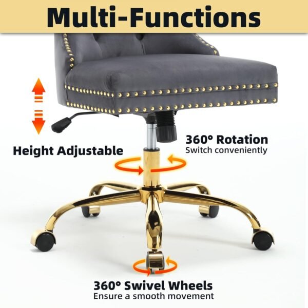 ABET Desk Chair with Wheels, Velvet Gold Office Chair Armless Swivel Chair with Tufted High Back Rivet Trim, Comfy Upholstered Ergonomic Computer Chair for Bedroom, Study, Reception Room Grey - Image 4