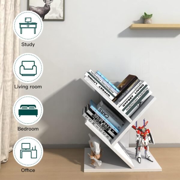 Godferyxin Tree Bookshelf, 3-Tier Book Storage Organizer Shelves Floor Standing Bookcase, Wood Storage Rack for Office Home School Shelf Display for Cd/Magazine-White - Image 6