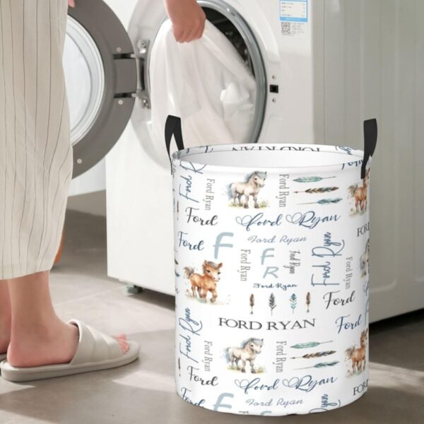 Personalized Horse Nursery Baby Hamper with Name Round Laundry Hamper Basket Baby Nursery Hamper Custom Organizers Collapsible Hamper for Boy Girl Baby Gift Baskets - Image 5