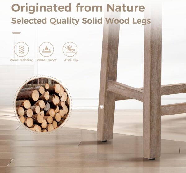 MAISON ARTS Counter Height 24 inch Bar Stools Set of 4 for Kitchen Counter Solid Wood Legs with Faux Leather Padded Seat Farmhouse Barstools for 34"-38" Counter Island Upholstered Stools, Grey + Wood - Image 4