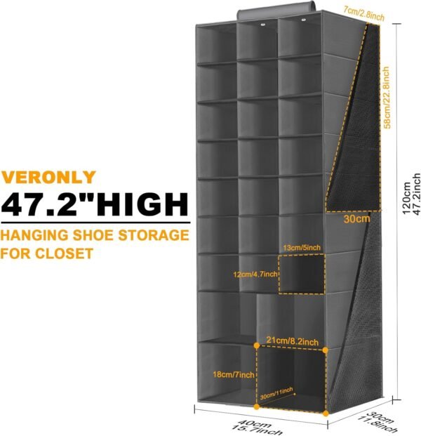 Hanging Shoe Organizer for Closet, Closet Hanging Shoe Storage Rack Holder Shelves,Collapsible Shoe Closet Organizers and Storage with 4 Large Side Pockets,25 Sections for Shoes,Hats,Clothes(Gray) - Image 6
