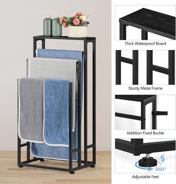 Freestanding Towel Rack 3 Tier Towel Drying Rack for Bathroom Standing Hand Towel Holder Black Towel Rack Stand with Storage Shelf for College Dorm Pool Side (Black) - Image 4