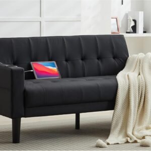 TYBOATLE Sofa Couch 62″ W Loveseat w/ 2 USB Charger Ports & 2 Cupholders, Mid-Century Modern Tufted Faux Leather Small Love Seat Couches for Office,Compact Living Room,Bedroom,Apartment,Dorm (Black)