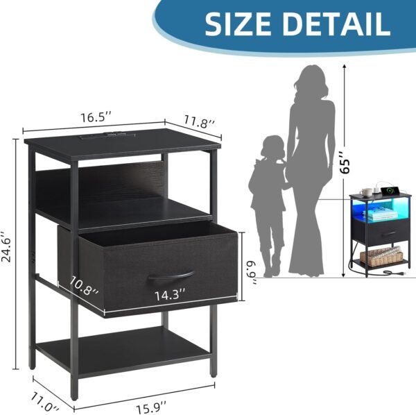 Somdot Black Nightstand with Charging Station and LED Light for Bedroom, Bedside Table End Table for Dorm Living Room Bedside Nursery Laundry Closet Entryway Hallway, Black - Image 3