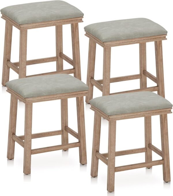 MAISON ARTS Counter Height 24 inch Bar Stools Set of 4 for Kitchen Counter Solid Wood Legs with Faux Leather Padded Seat Farmhouse Barstools for 34"-38" Counter Island Upholstered Stools, Grey + Wood - Image 5