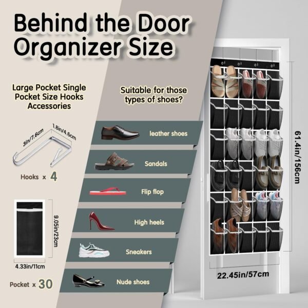 30 Compartment Breathable Mesh Pocket Over the Door Hanging Shoe Organizer, Closet Shoe Organizer, Large Men's and Women's Shoe Organizer, Hanging Over the Door Shoe Organizer (Black) - Image 3