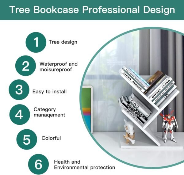 Godferyxin Tree Bookshelf, 3-Tier Book Storage Organizer Shelves Floor Standing Bookcase, Wood Storage Rack for Office Home School Shelf Display for Cd/Magazine-White - Image 8