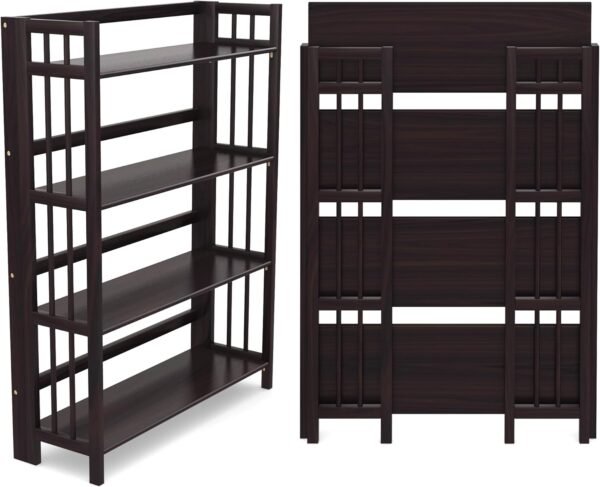 4-Tier Folding Bookshelf | Espresso Wood Finish | 45x32x11.5 Inches | Book Shelf for Books and Trinkets | No Assembly Required | Foldable & Small Bookshelf for Home and Office