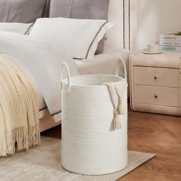 White Woven Rope Laundry Basket by TECHMILLY, 58L Baby Nursery Hamper for Clothes Blanket Storage, Large Tall Laundry Hamper for College Dorm, Bedroom, Living Room - Image 2
