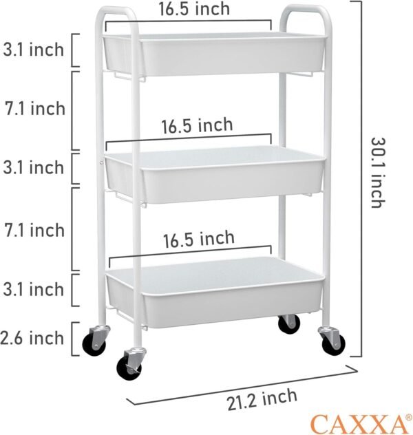 CAXXA 3-Tier Rolling Metal Storage Organizer - Mobile Utility Cart Kitchen Cart with Caster Wheels, White - Image 2