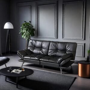 Futon Sofa Bed Convertible Sofa Bed, Loveseat Sleeper Sofa with Memory Foam Adjustable Backrest Design, 72″ Leather Small Couch for Living Rooms, Apartment, Studio(Bright Black)