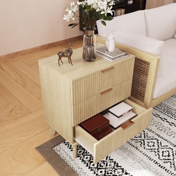 Mid-Century 3 Drawers Bedside Table Cabinet, Modern Nightstand with 3 Drawer and Solid Wood Legs, Contemporary 3-Drawer Nightstand, Mid Century Nightstand with 3 Storage Drawer for Bedroom (Natural) - Image 3