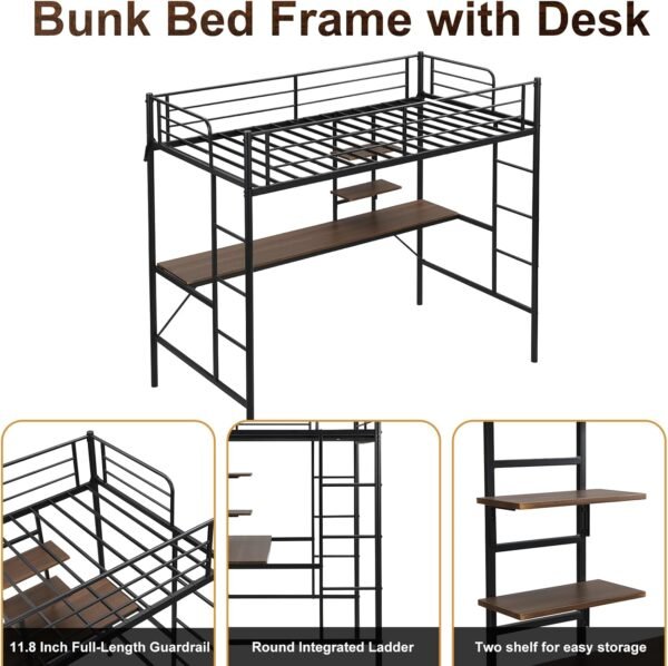 Twin Loft Bed with Desk,Metal Loft Bed with Desk with Storae Shelves,Metal Loft Bed Frame with Ladder & Guardrail for Teens Adults, Space-Saving, Noise Free,No Box Spring Required - Image 3