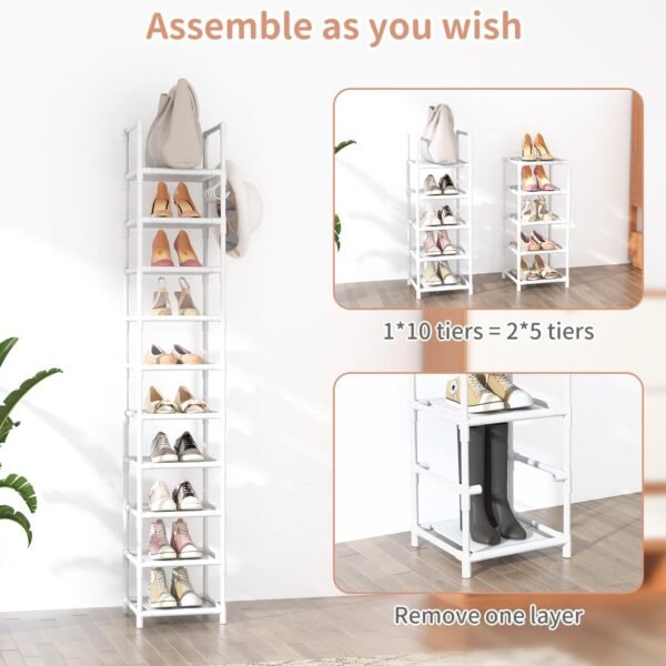 Tall Narrow Shoe Rack 10-Tier Skinny Shoe Shelf Storage for 10-15 Pairs Shoes and Boots, Space Saving Corner Shoe Rack Organizer for Closet, Entryway, Garage, Living Room,White - Image 5