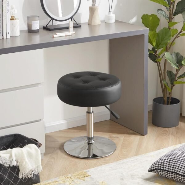 Black Vanity Chair for Makeup Room Vanity Stool for Makeup Room Round Tufted PU Leather Makeup Chair Vanity Stools for Bathroom Height Adjustable 360 Swivel - Image 2