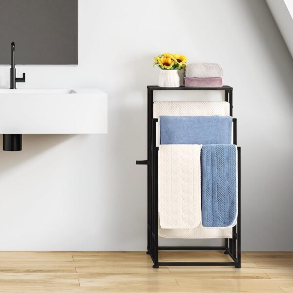 Freestanding Towel Rack 3 Tier Towel Drying Rack for Bathroom Standing Hand Towel Holder Black Towel Rack Stand with Storage Shelf for College Dorm Pool Side (Black) - Image 8