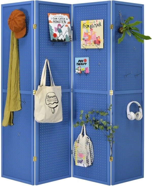 4 Panels Room Divider Folding Screen Pegboard Insert Blue Color 71' High x 70" Wide